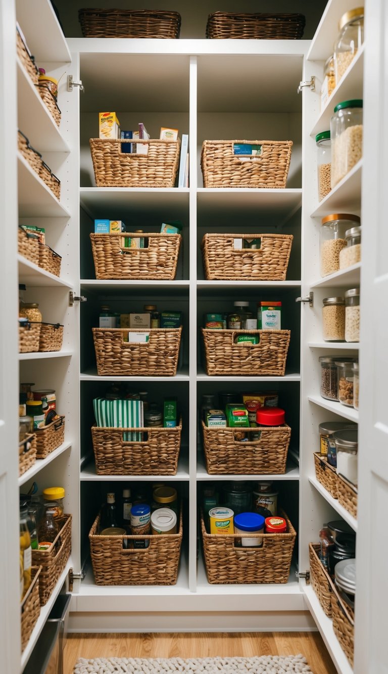 Pull-out baskets filled with organized pantry items, easily accessible within a well-lit and spacious pantry
