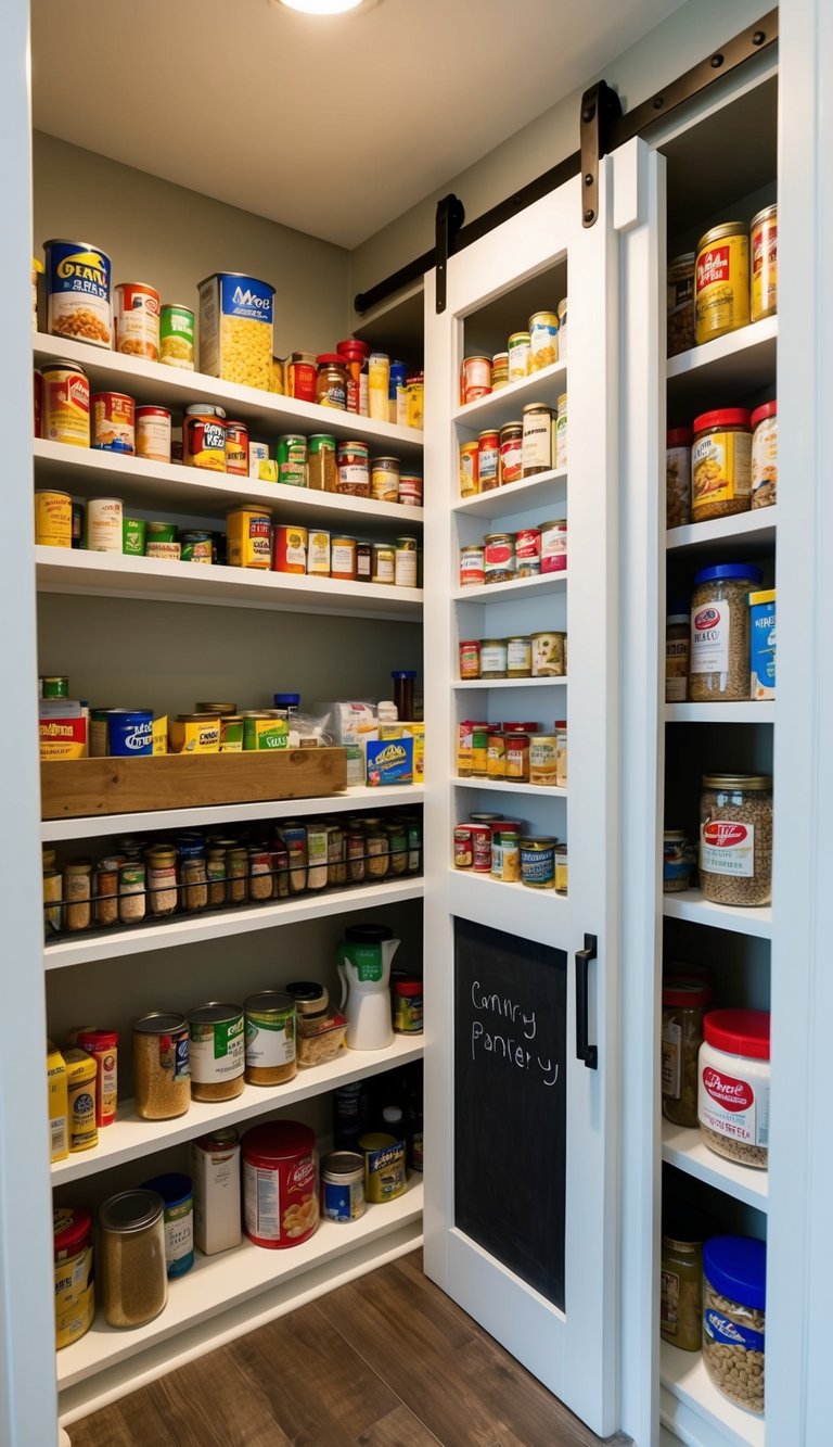A small corner pantry filled with neatly organized shelves of canned goods, spices, and dry ingredients. A sliding barn door with a chalkboard panel covers the entrance