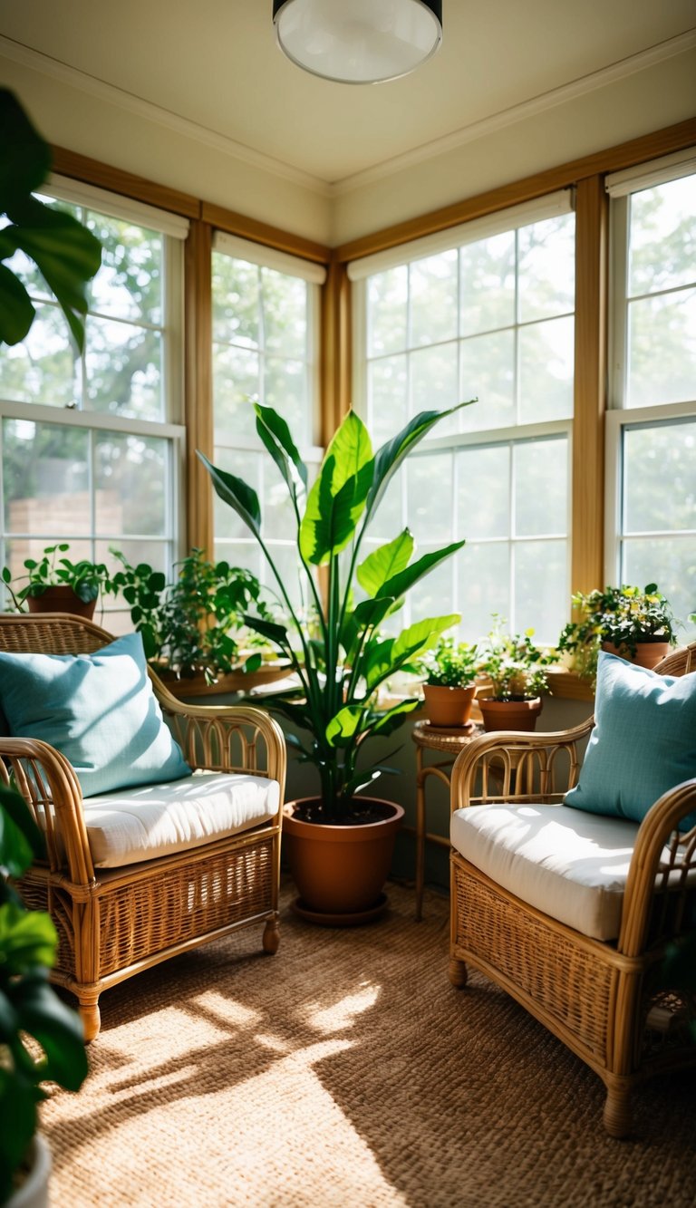 A cozy sunroom with potted plants, rattan furniture, and soft cushions. Sunlight streams in through the windows, creating a warm and inviting atmosphere