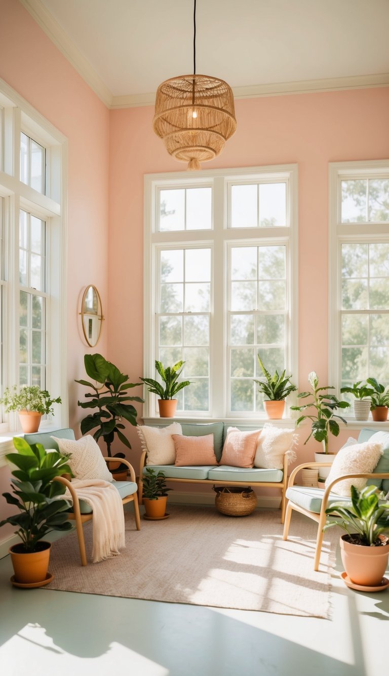 A sunlit, airy sunroom with pastel-colored walls, filled with potted plants, cozy seating, and soft, natural light pouring in through large windows