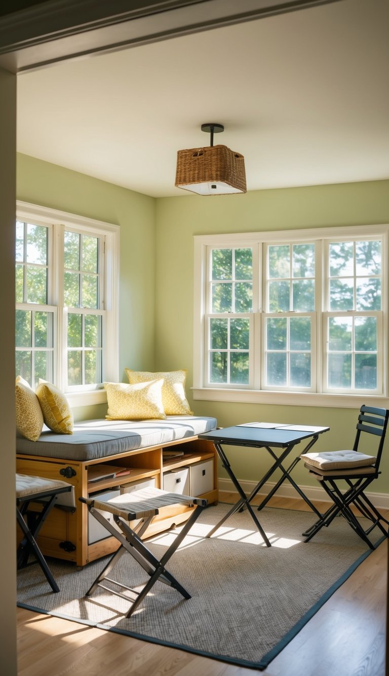 A small sunroom with convertible furniture, such as a daybed with storage, folding tables, and stackable chairs. Bright natural light fills the space through large windows, creating a cozy and versatile area