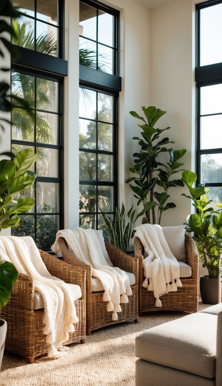 A sunlit sunroom with 10 cozy throw blankets draped over wicker chairs and a plush sofa, surrounded by potted plants and large windows