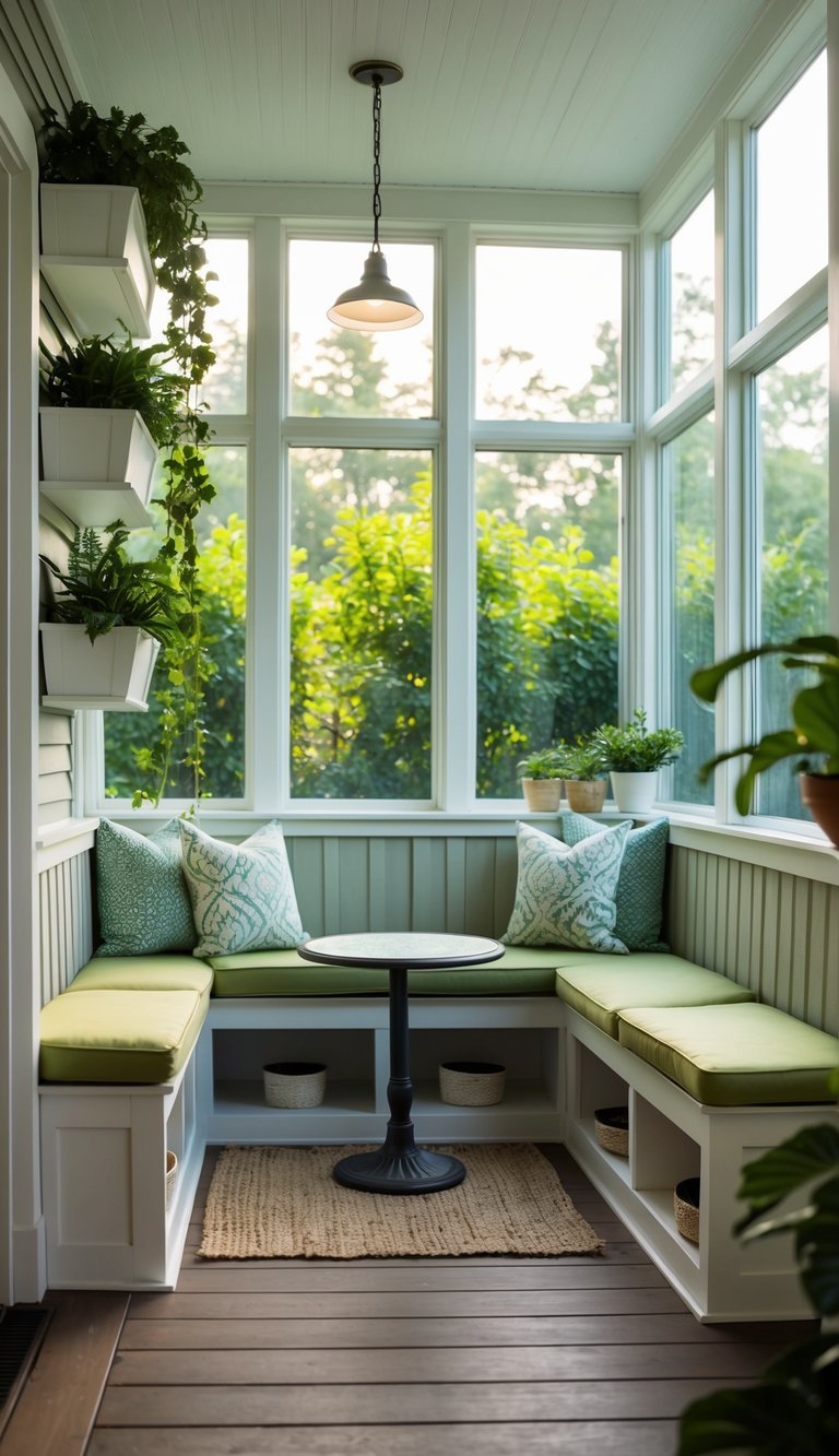 A cozy sunroom with built-in shelves, hanging planters, and under-seat storage. A small table and chairs sit near the window, surrounded by lush greenery