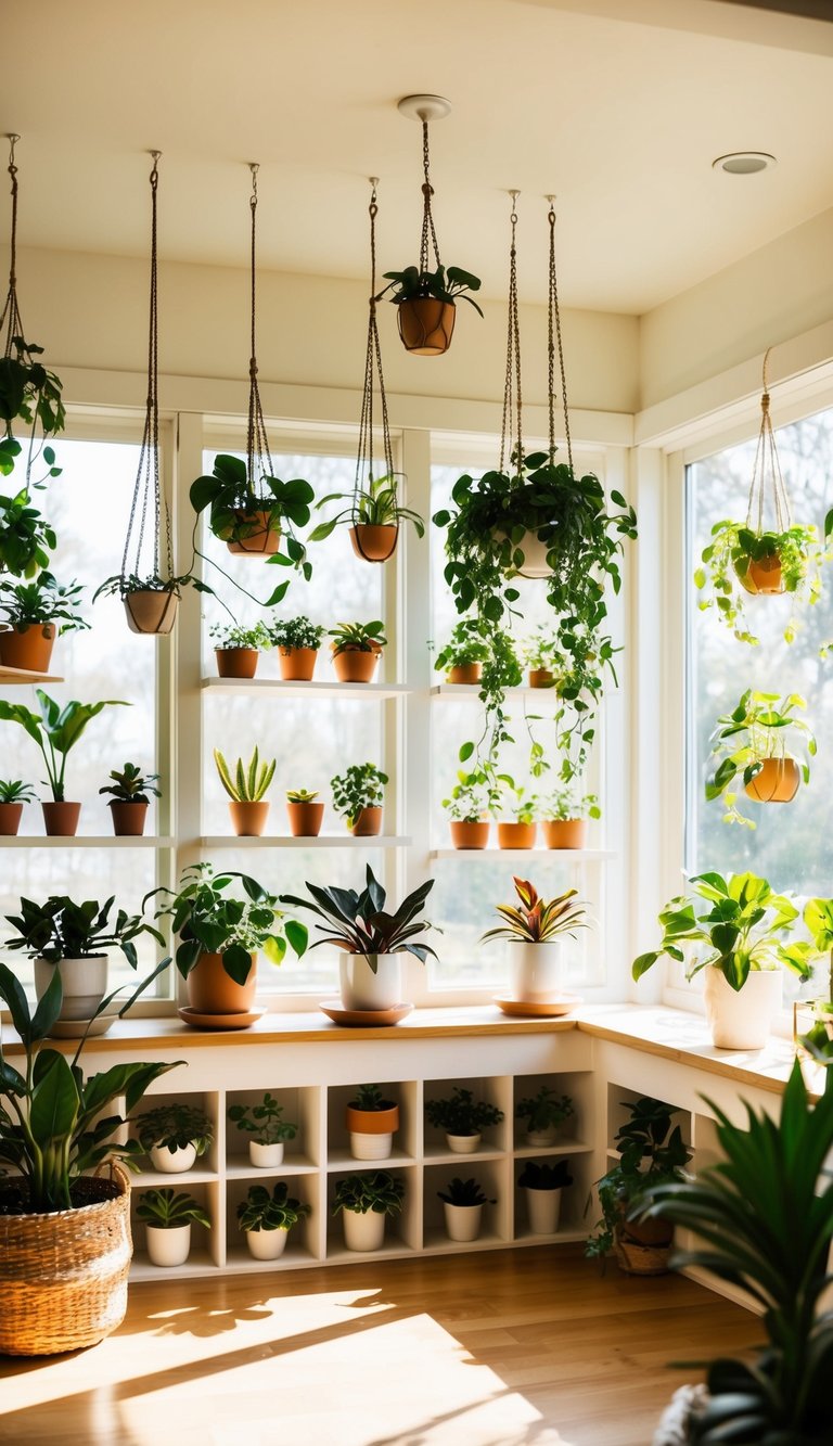 A sunlit sunroom with 10 varieties of small indoor plants arranged on shelves and hanging from the ceiling. Bright, airy space with large windows and cozy seating