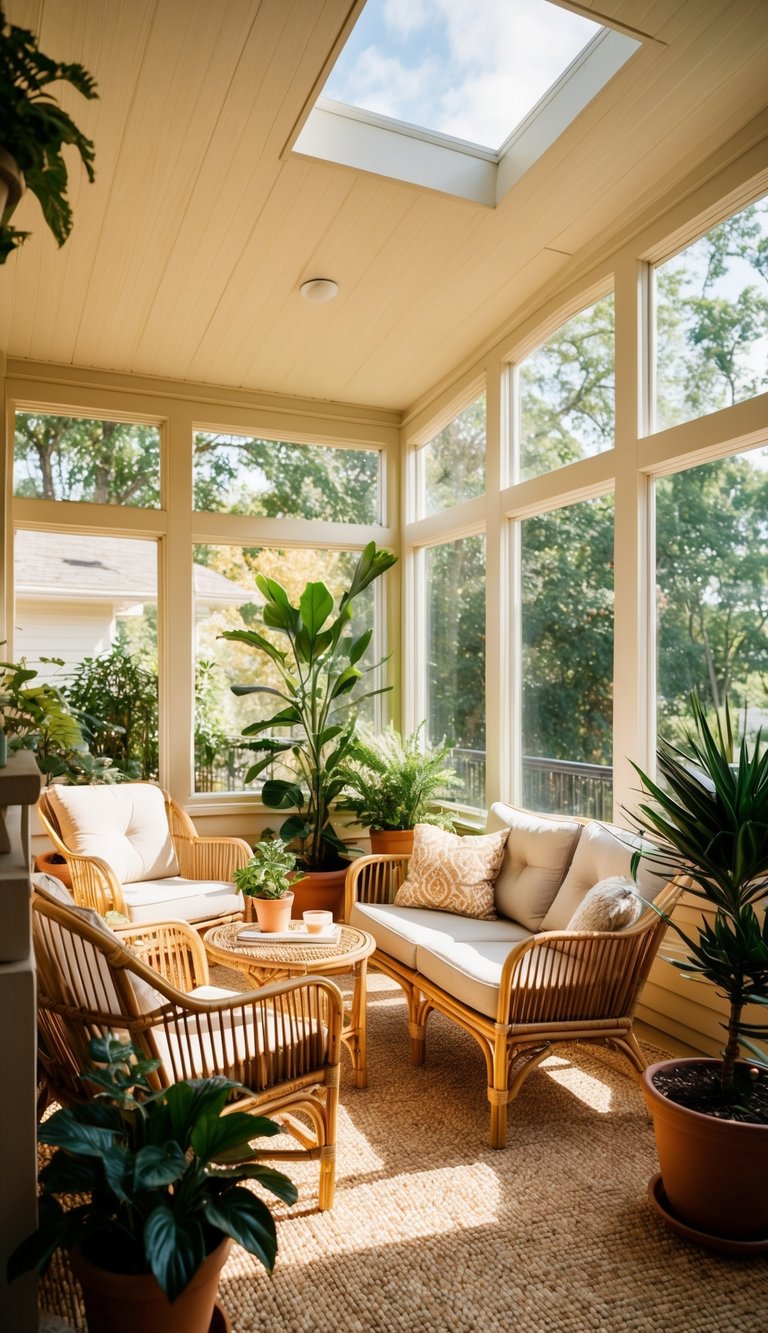 A sunlit sunroom with rattan furniture, potted plants, and cozy seating. Natural light floods the space, creating a warm and inviting atmosphere