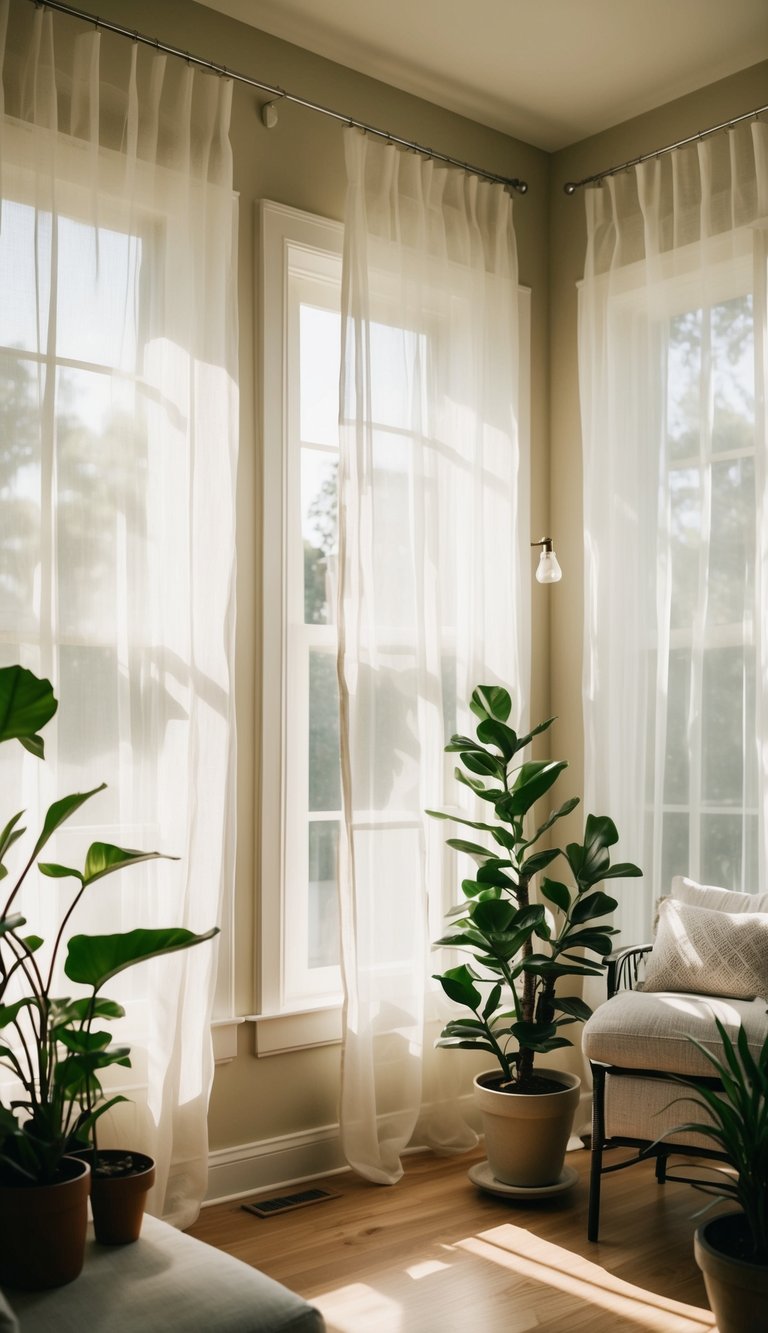 Sheer curtains billow in a sunlit small sunroom, casting soft, dappled light on potted plants and comfortable seating