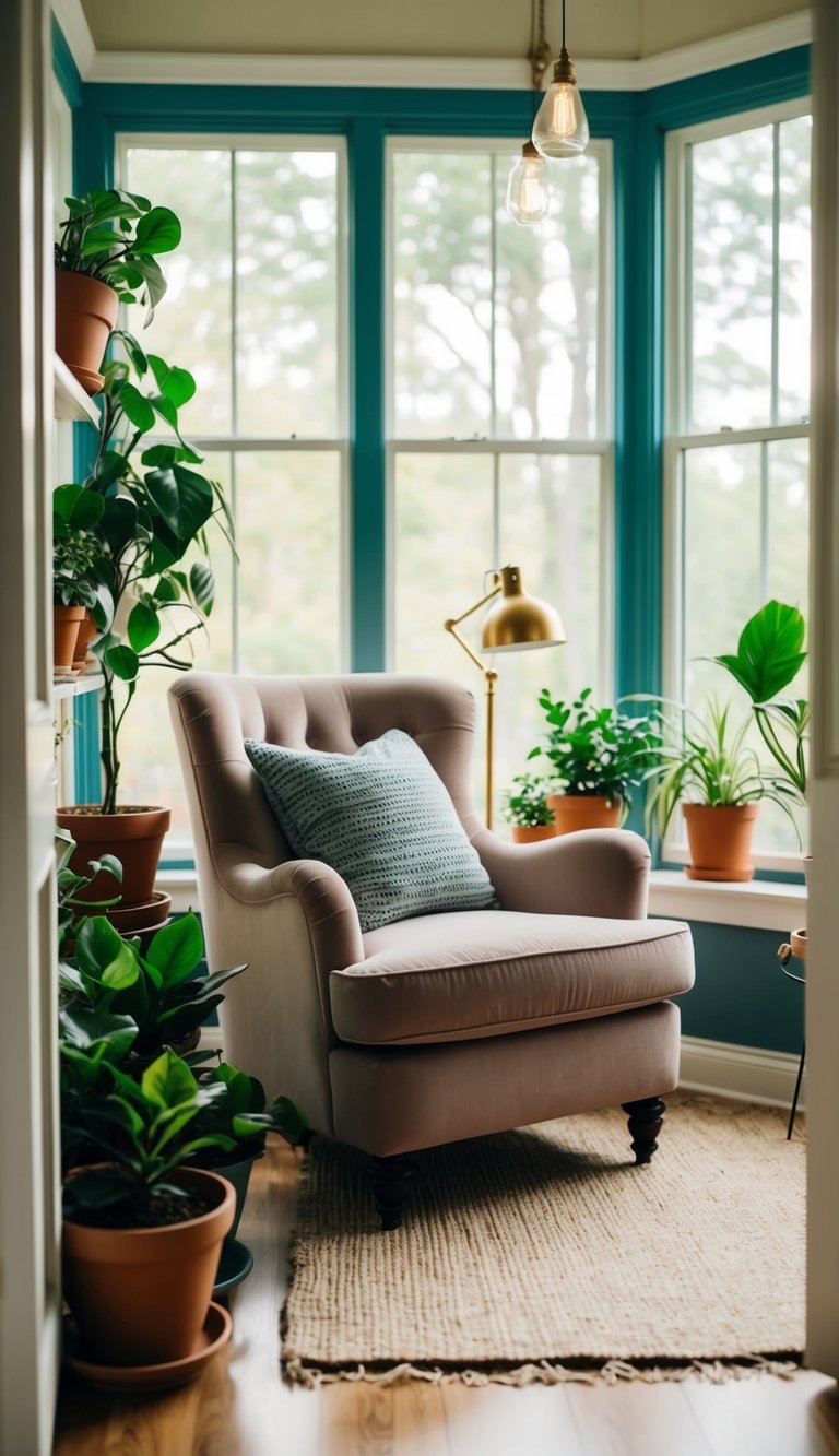 A cozy reading nook with a plush chair, surrounded by potted plants and natural light filtering through the windows of a small sunroom