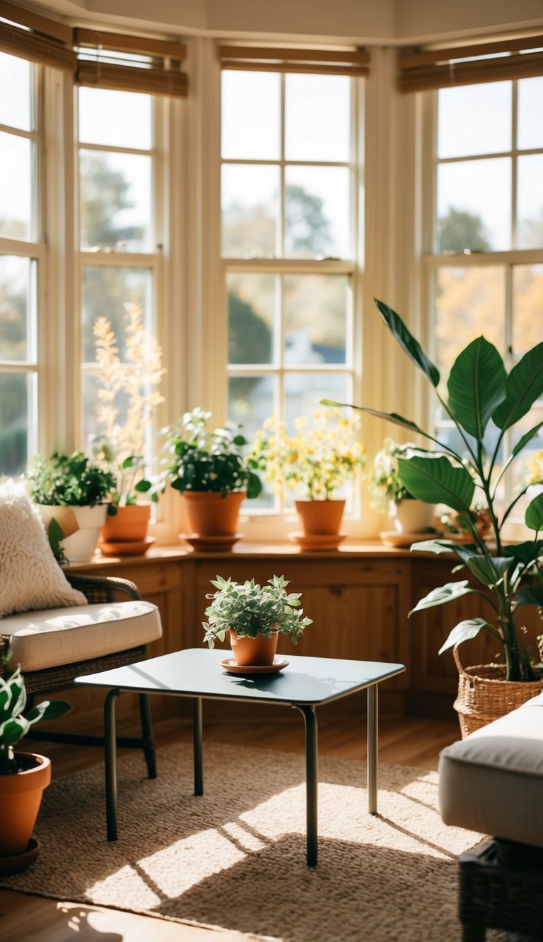 A small coffee table sits in a sunlit sunroom surrounded by potted plants, cozy seating, and warm natural light streaming in through large windows