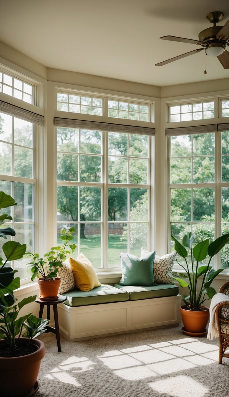 A sunroom with large windows, potted plants, comfortable seating, and natural light streaming in