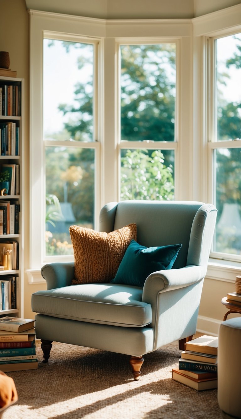 A soft armchair sits in a sunlit indoor sunroom, surrounded by books and a warm, cozy atmosphere