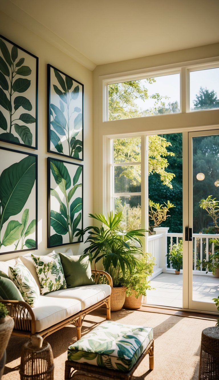 A sun-drenched indoor sunroom with large botanical prints adorning the walls, creating a lush and tranquil atmosphere