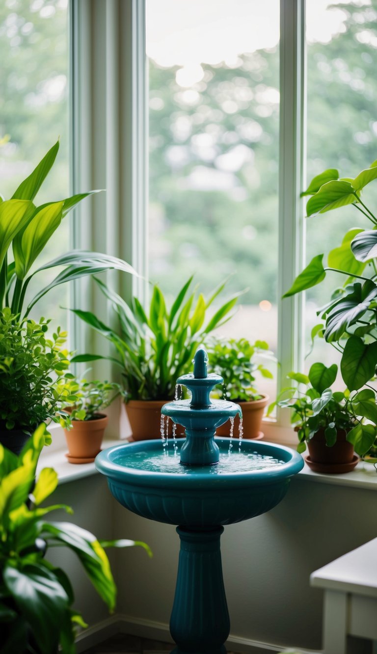 A small fountain sits in the corner of a sunroom, surrounded by lush green plants and bathed in soft natural light, creating a tranquil and peaceful ambiance