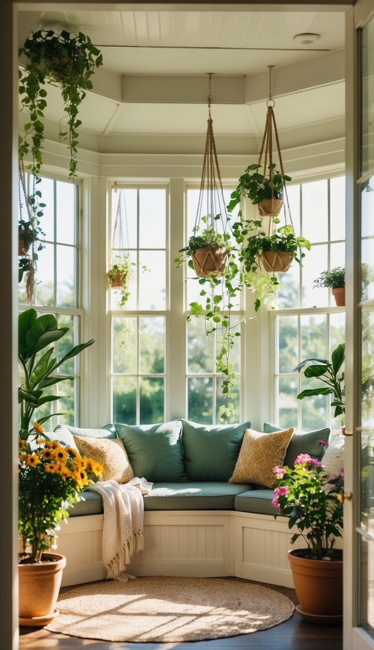 A sunlit indoor sunroom with large windows and cozy seating, adorned with hanging plants and potted flowers, creating a serene and inviting atmosphere