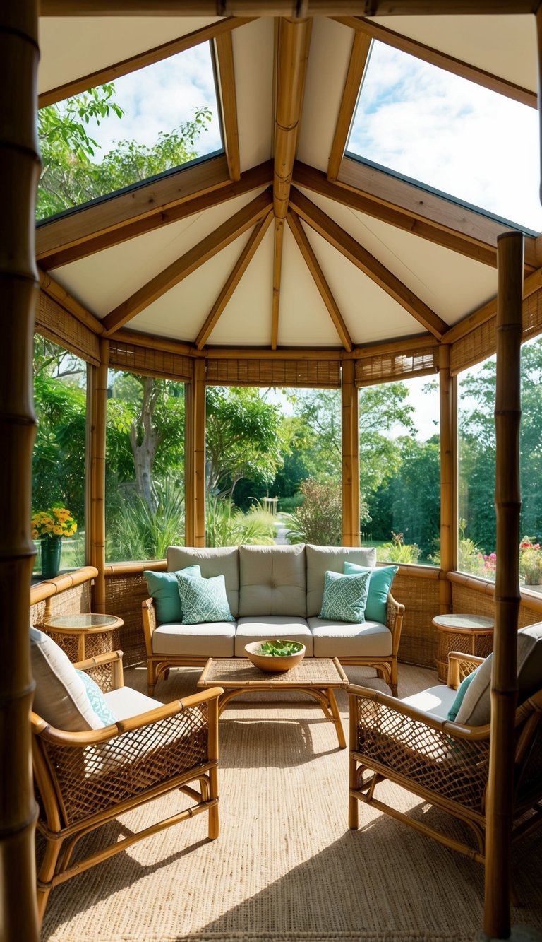 A sunlit indoor sunroom with wicker and bamboo furniture arranged in a natural and inviting setting