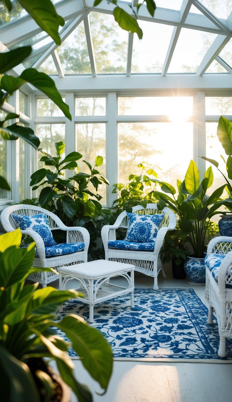 A sunroom with white wicker furniture and blue and white porcelain accents, surrounded by lush green plants and flooded with natural sunlight