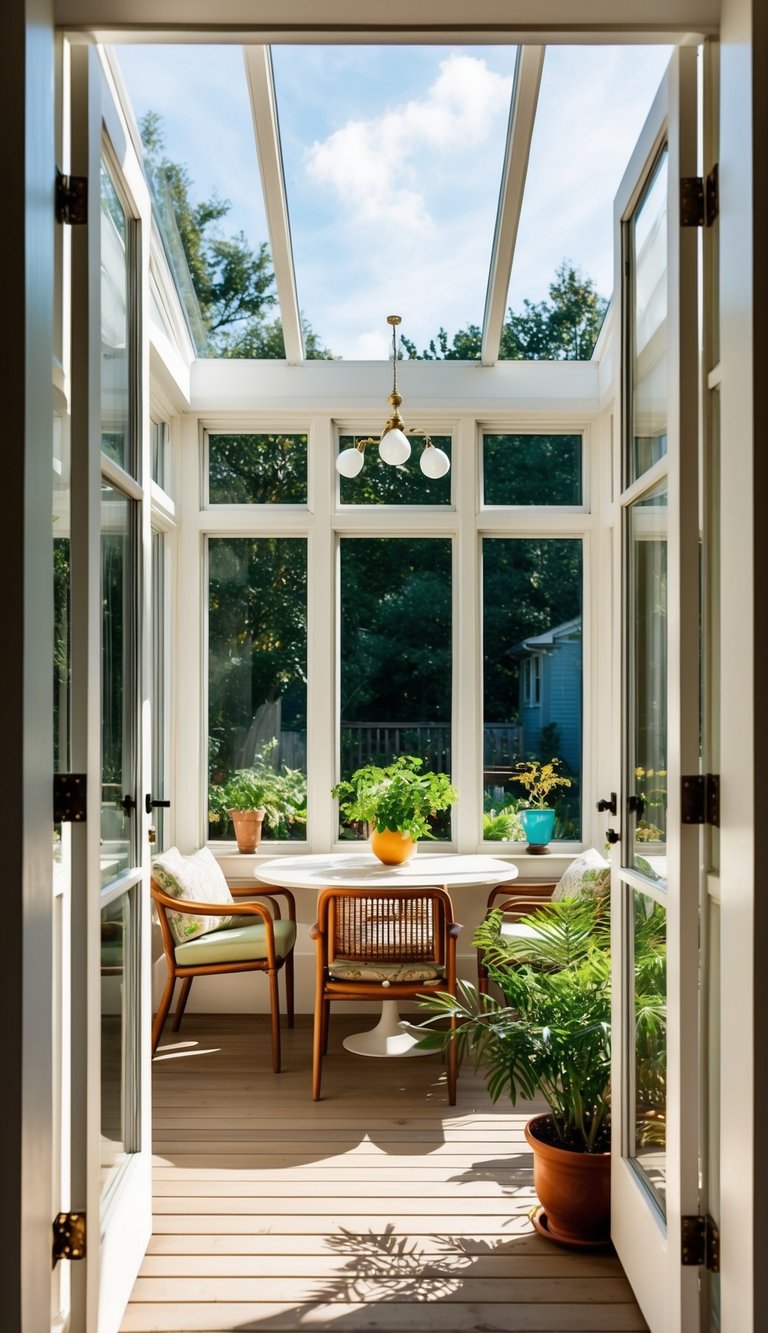 A sunroom with large windows, furniture facing outward, plants, and natural light streaming in