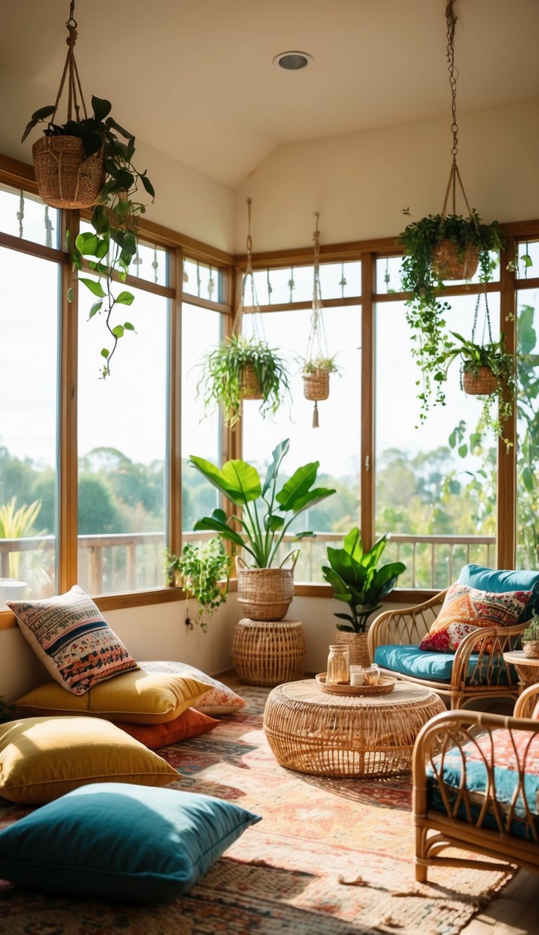 A sun-drenched boho sunroom with cozy floor cushions, hanging plants, rattan furniture, and colorful textiles. A large window lets in natural light, creating a warm and inviting space
