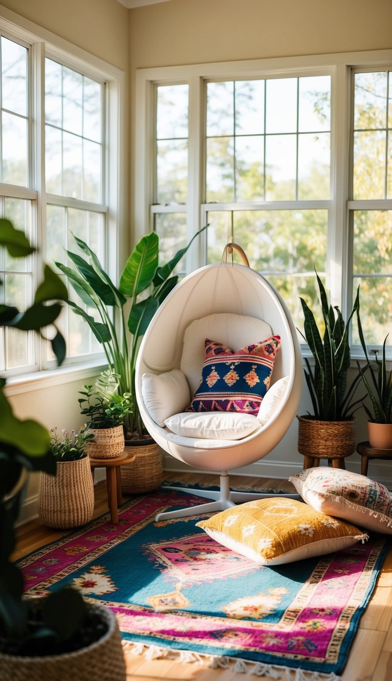 A cozy sunroom with a boho vibe featuring an egg chair surrounded by plants, colorful rugs, and throw pillows. Sunshine filters through the windows, creating a warm and inviting atmosphere