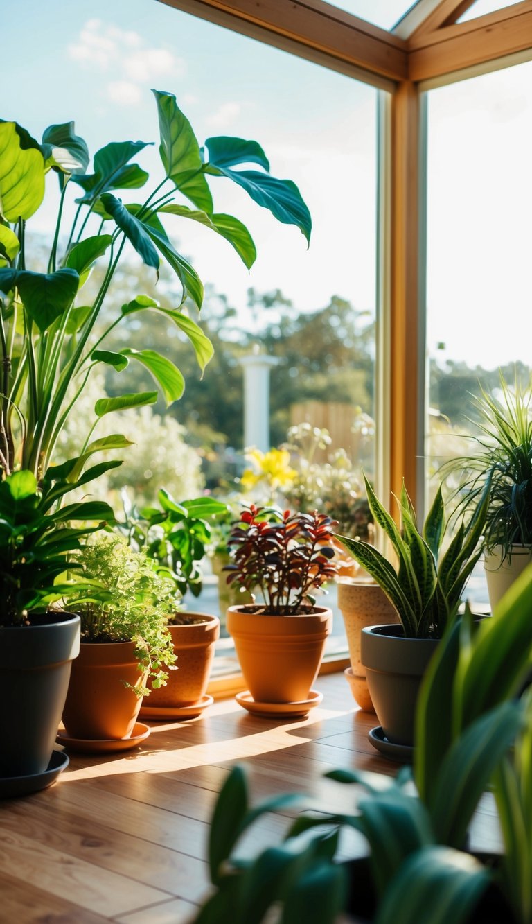 A sunlit sunroom with a variety of potted plants creating a natural oasis