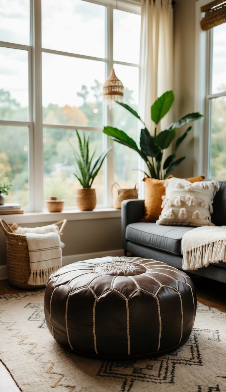 A cozy sunroom with a leather pouf, surrounded by bohemian decor and natural light