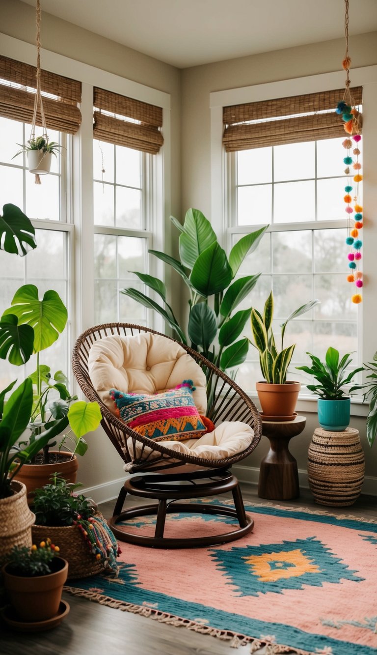 A cozy sunroom with a papasan chair surrounded by plants and colorful bohemian decor