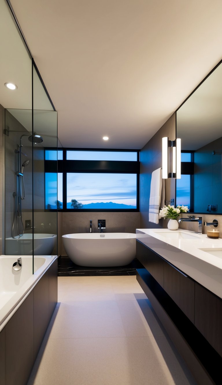 A spacious, modern bathroom seamlessly integrated into a stylish bedroom with sleek fixtures and a luxurious atmosphere