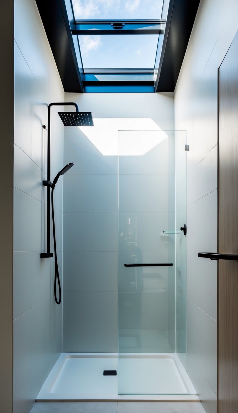 A modern open shower with a skylight above, casting natural light onto the sleek, minimalist design