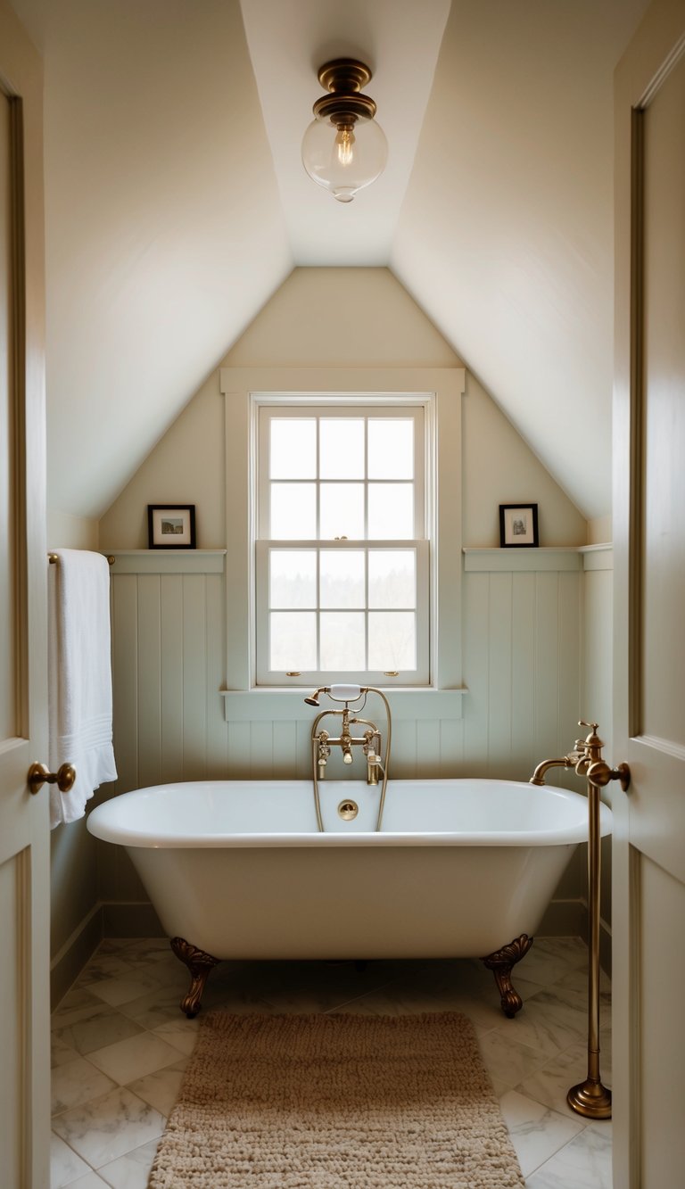 A cozy attic bathroom with a sloped ceiling, small window, vintage fixtures, and a clawfoot bathtub