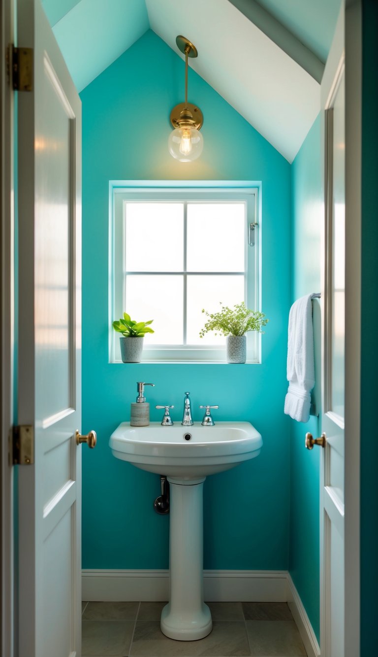 A small attic bathroom with light paint colors, a pedestal sink, and a window letting in natural light