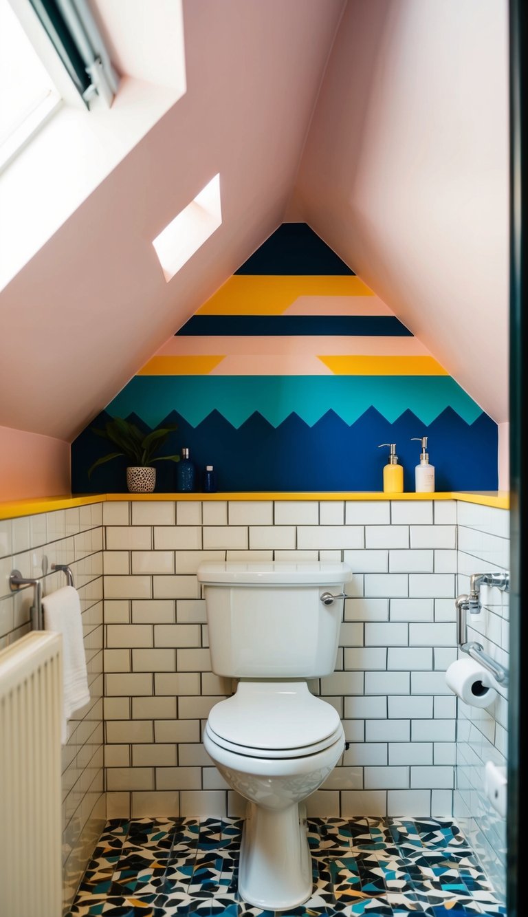A small attic bathroom with a bold accent wall, featuring vibrant colors and geometric patterns, adding character and depth to the space