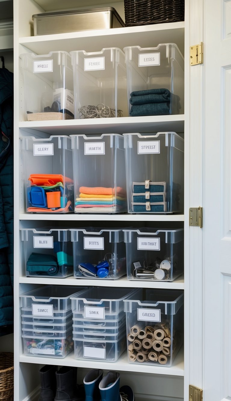 Clear acrylic bins neatly organized on shelves in a mudroom, each labeled for sorting smaller items