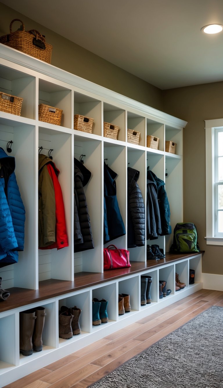 A row of freestanding mudroom cabinets with individual lockers, each with a designated space for coats, shoes, and other outdoor gear