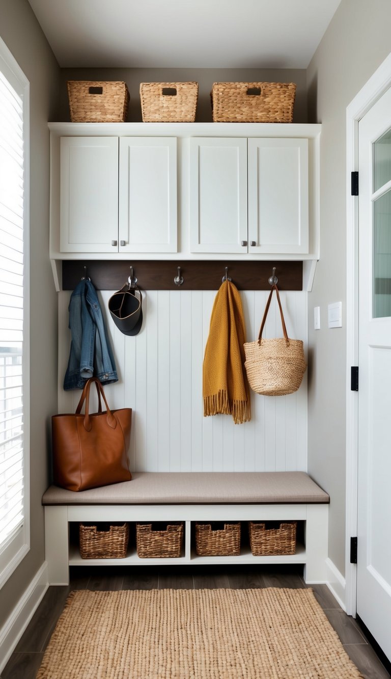 A stylish mudroom with IKEA BESTÅ cabinets, adorned with hooks, baskets, and a cozy bench, creating a functional and chic entryway storage solution