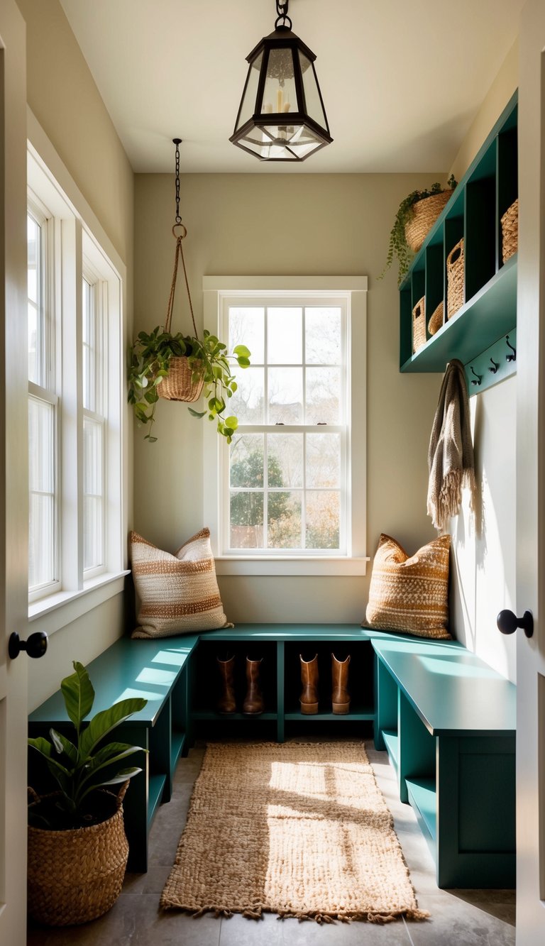 A sunlit mudroom with built-in storage and seating, potted plants, and a mix of natural textures and earthy tones
