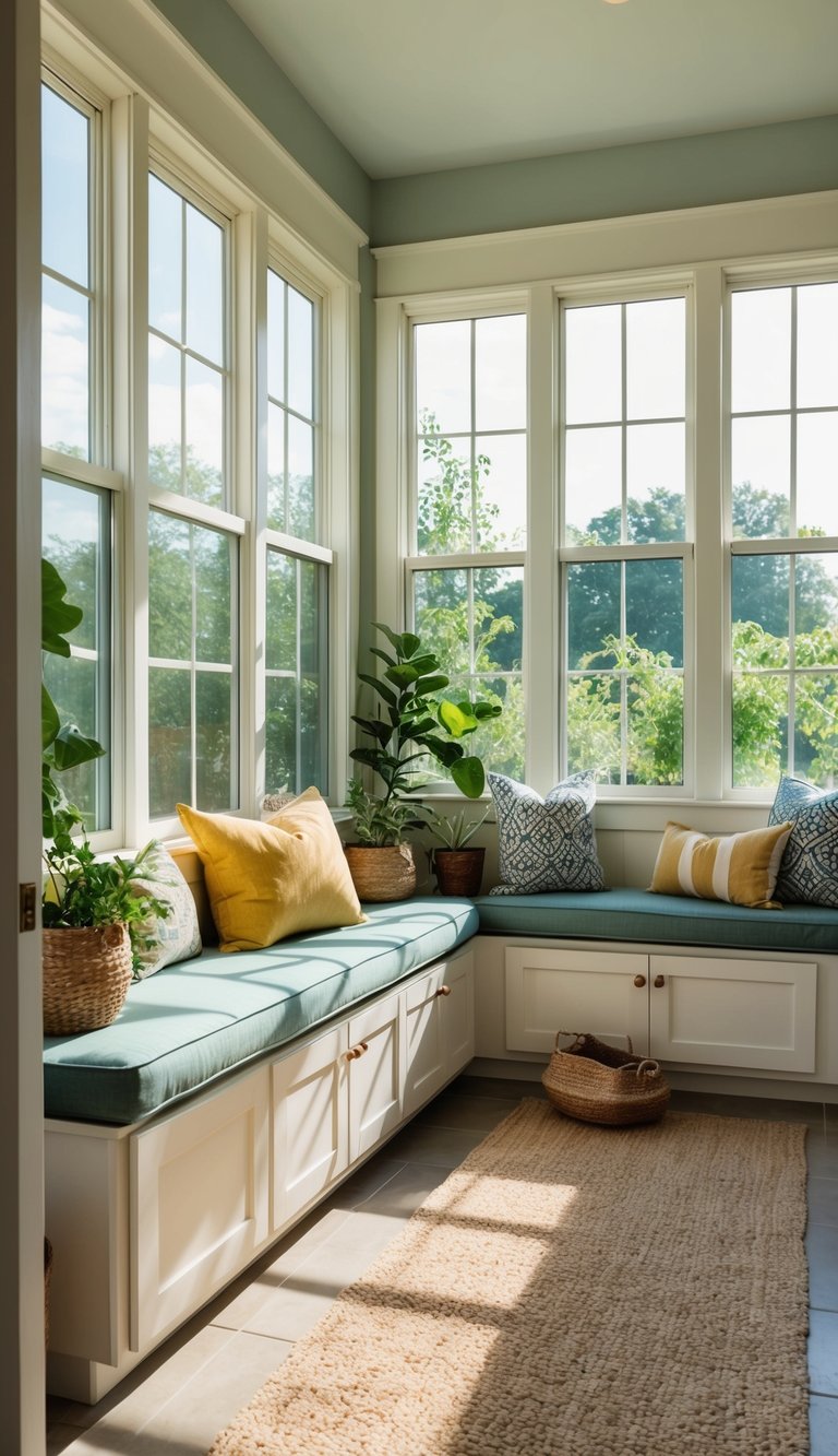 A sunroom-mudroom combo with large windows flooding the space with natural light, featuring plants, storage, and seating