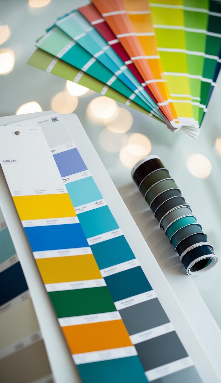 A colorful array of paint swatches arranged in various combinations on a clean, white surface
