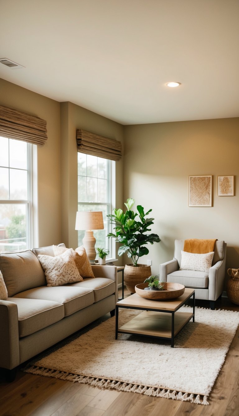 A cozy living room with warm neutral-colored walls, a comfortable sofa, and a soft rug. The room is filled with natural light and accented with earthy decor