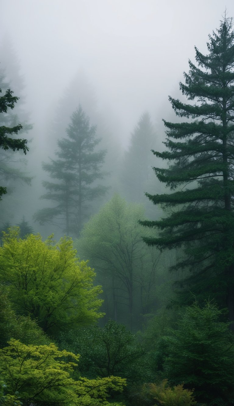 A misty forest with varying shades of green foliage and trees, creating a serene and peaceful atmosphere