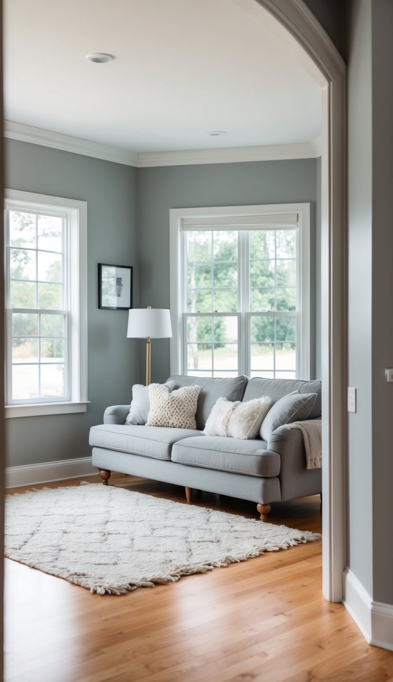 A cozy living room with soft gray walls, white trim, and warm wood floors. Large windows let in natural light, illuminating the space