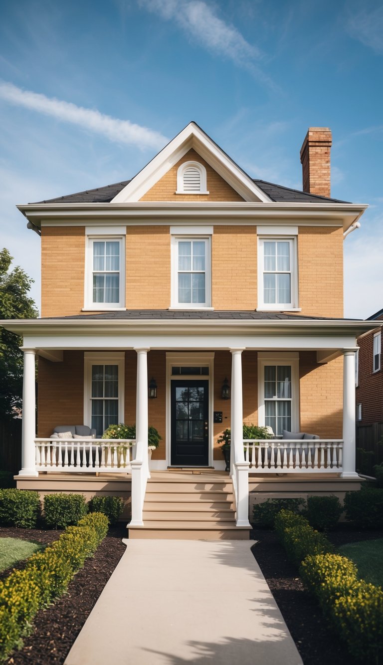 A tan brick house with cream trim and a taupe porch floor sits beneath a clear blue sky, surrounded by a well-kept garden