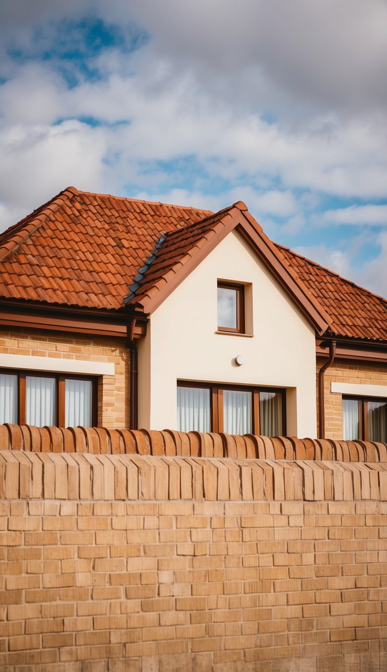 The earthy brown roof sits atop soft cream walls, surrounded by tan brick, creating a warm and inviting exterior color scheme