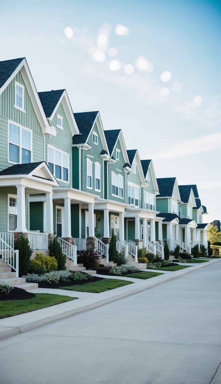A row of eight sage green houses with varying architectural styles and landscaping, set against a clear blue sky
