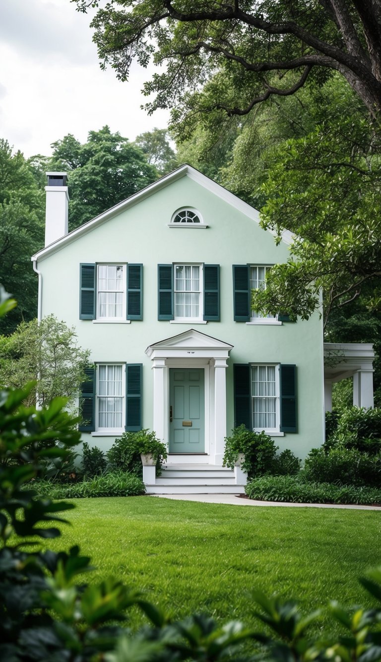 A pale sage house with dark sage shutters sits nestled among lush greenery