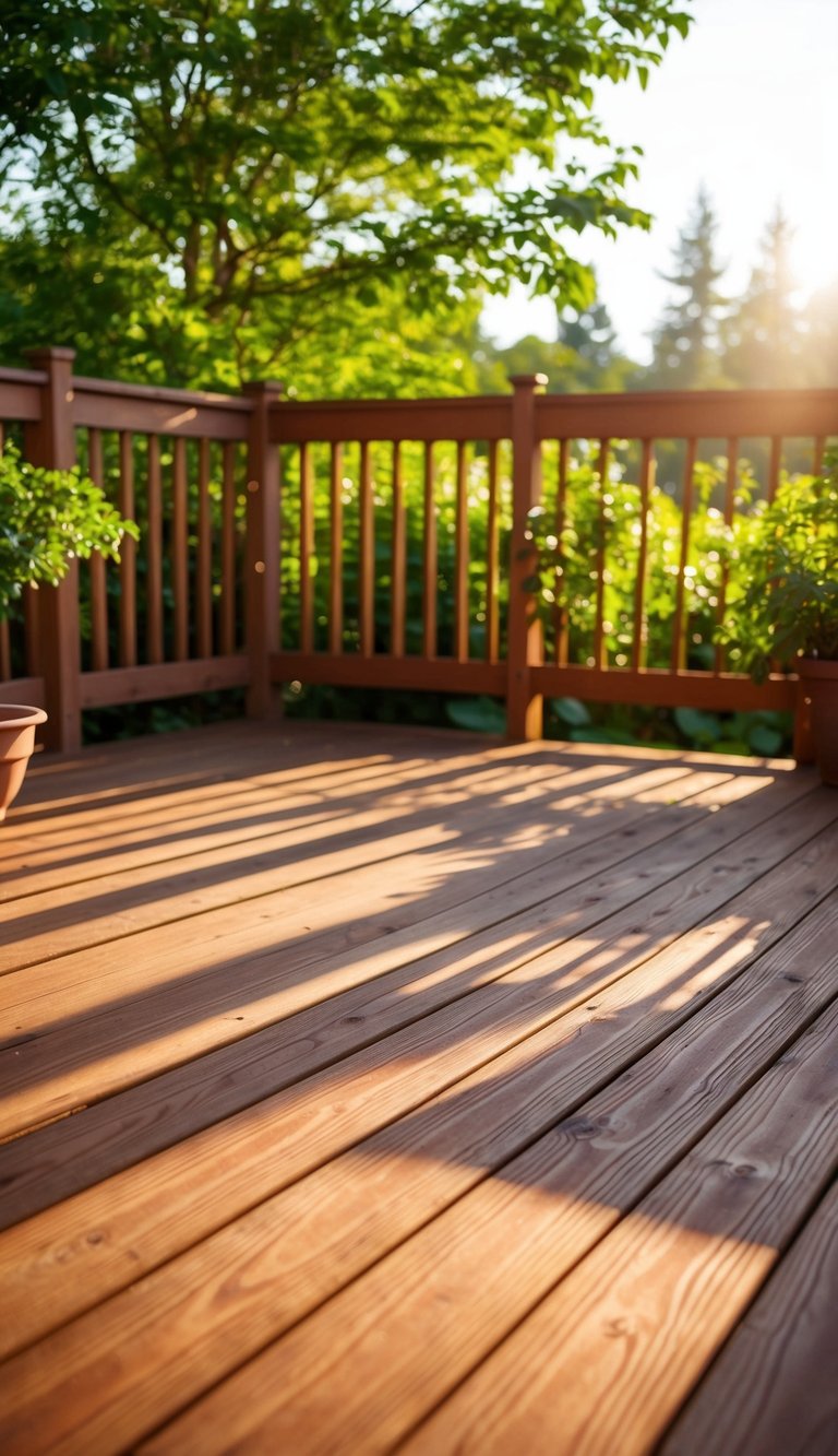 A deck stained in classic redwood brown, surrounded by lush greenery and bathed in warm sunlight