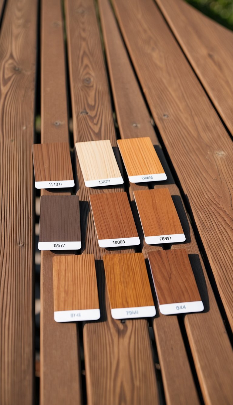 A wooden deck with ten different warm russet-toned stain colors applied in swatches