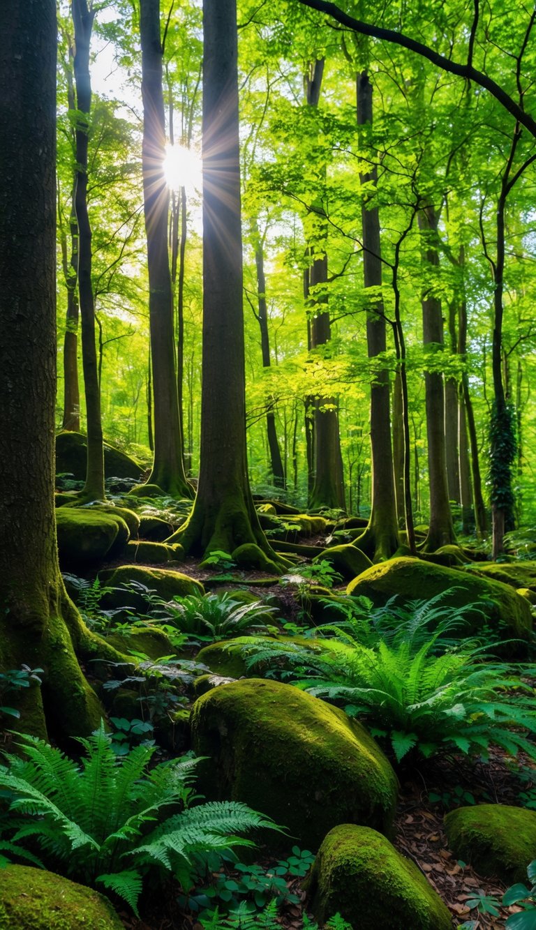 A lush forest with varying shades of green trees, ferns, and moss-covered rocks, with sunlight filtering through the canopy creating a beautiful array of woodland green colors