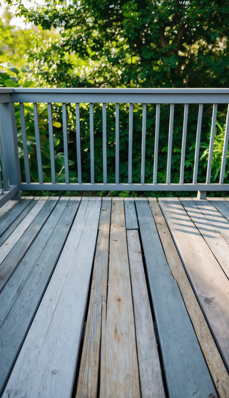 A weathered, gray deck with various shades of driftwood stain, surrounded by lush greenery and dappled sunlight