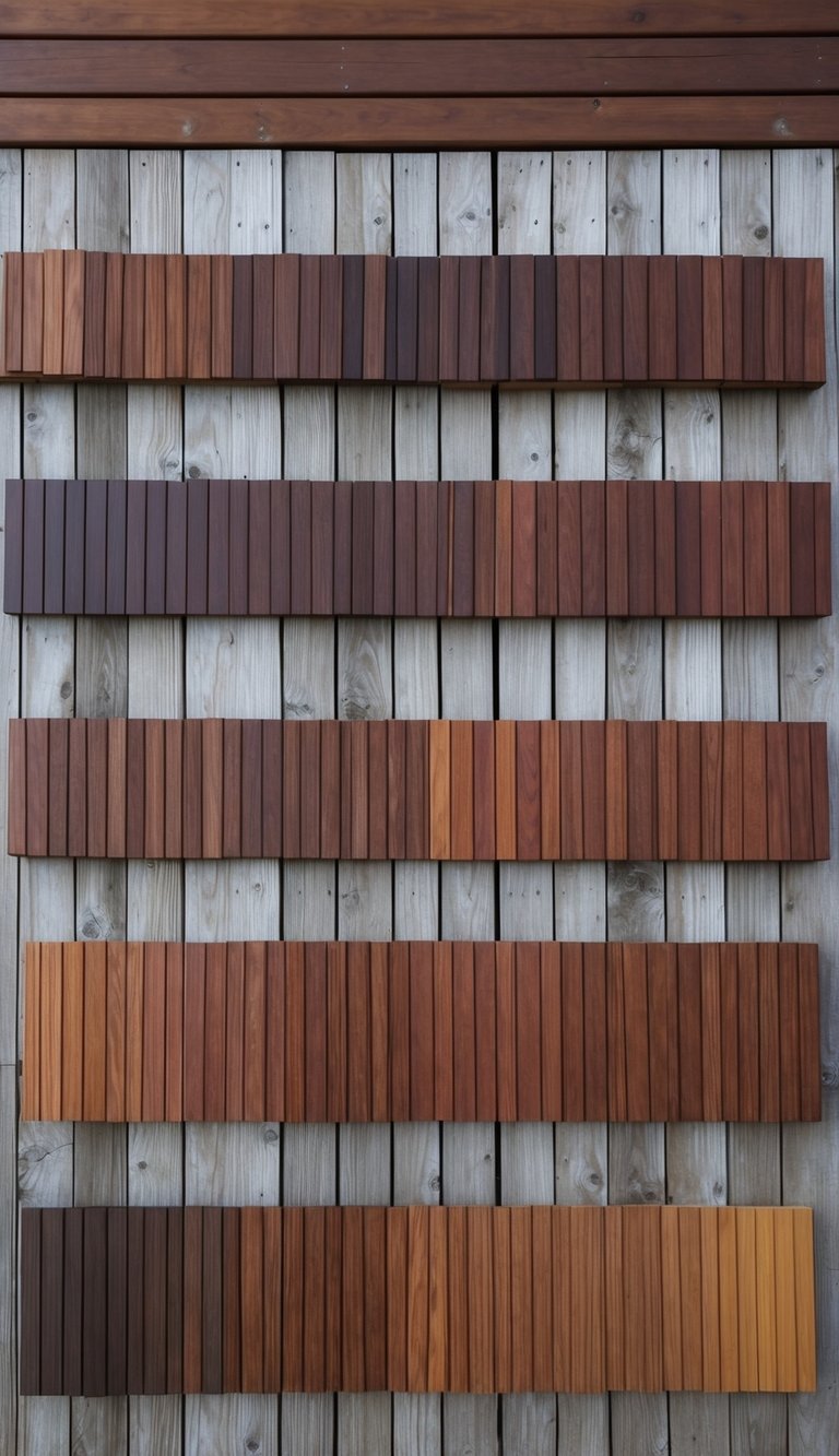 A wooden deck with 10 different shades of mahogany deep brown stain, arranged in a pattern for color ideas