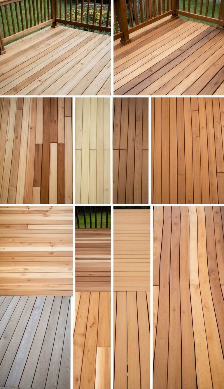 A cedar deck with 10 different shades of light brown stain, each section showcasing a different color variation