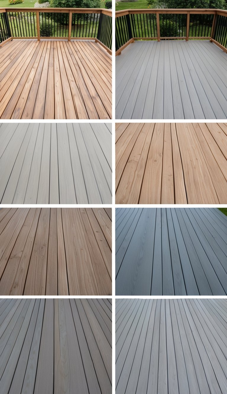 A wooden deck with ten different shades of greige neutral blend deck stain, each color applied to a separate section of the deck